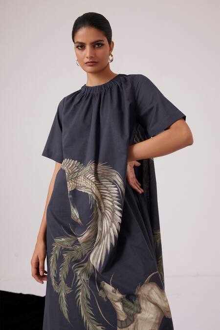 Buy_The Summer House_Black Voile Round Neck Dragon Print Gathered Neckline Midi Dress_Online_at_Aza_Fashions