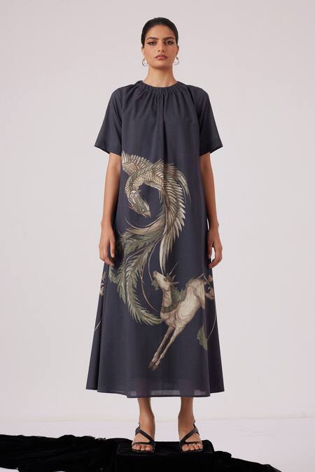 Shop_The Summer House_Black Voile Round Neck Dragon Print Gathered Neckline Midi Dress_Online_at_Aza_Fashions
