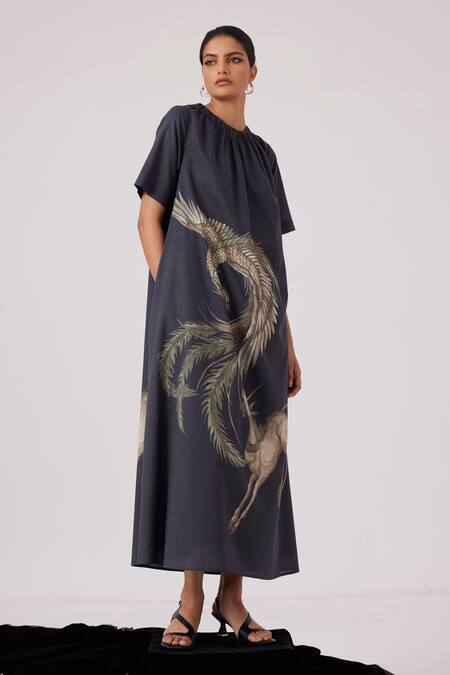 The Summer House_Black Voile Round Neck Dragon Print Gathered Neckline Midi Dress_at_Aza_Fashions