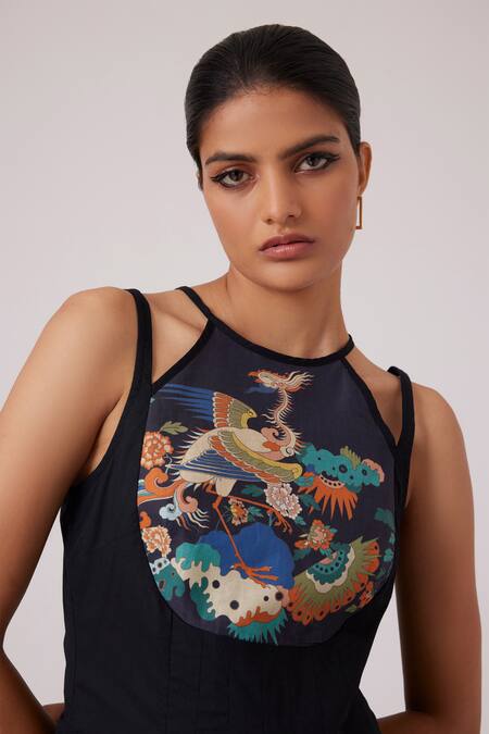 The Summer House_Black Cotton Halter Neck Ellaria Printed Yoke Midi Dress_Online_at_Aza_Fashions