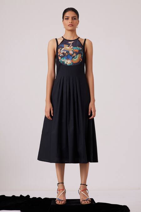 Buy_The Summer House_Black Cotton Halter Neck Ellaria Printed Yoke Midi Dress_Online_at_Aza_Fashions