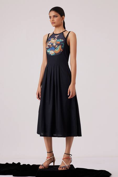 Shop_The Summer House_Black Cotton Halter Neck Ellaria Printed Yoke Midi Dress_Online_at_Aza_Fashions