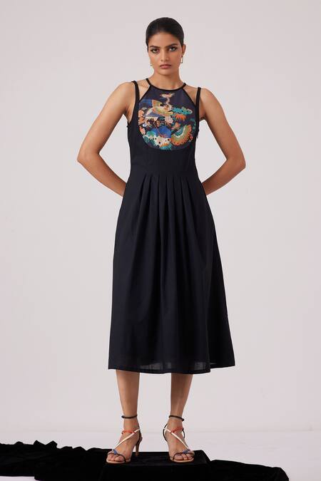 The Summer House_Black Cotton Halter Neck Ellaria Printed Yoke Midi Dress_at_Aza_Fashions