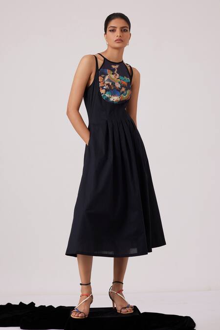 Buy_The Summer House_Black Cotton Halter Neck Ellaria Printed Yoke Midi Dress