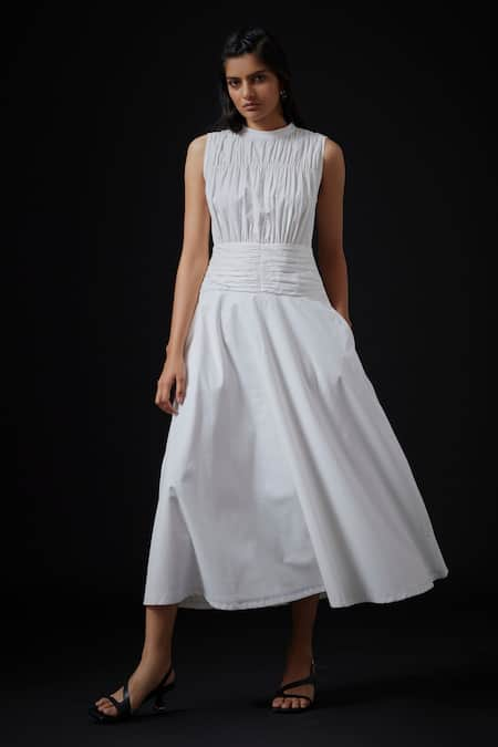 The Summer House White Cambric High Round Shae Ruched Midi Dress  