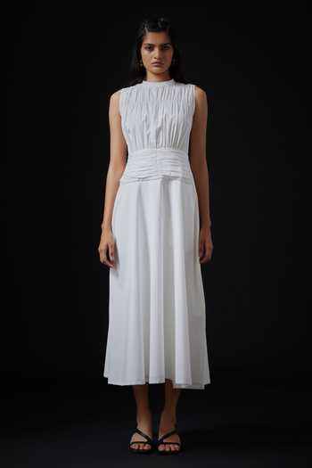 The Summer House_White Cotton Round Neck Shae Cambric Ruched Midi Dress _Online_at_Aza_Fashions