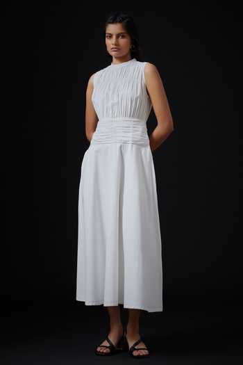 Buy_The Summer House_White Cotton Round Neck Shae Cambric Ruched Midi Dress _Online_at_Aza_Fashions