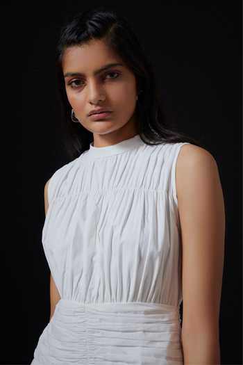 The Summer House_White Cotton Round Neck Shae Cambric Ruched Midi Dress _at_Aza_Fashions