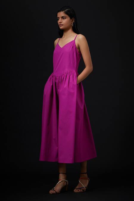 The Summer House_Purple Poplin V-neck Talisa Solid Gathered Midi Dress_Online_at_Aza_Fashions