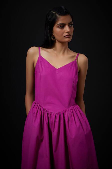 Buy_The Summer House_Purple Poplin V-neck Talisa Solid Gathered Midi Dress_Online_at_Aza_Fashions
