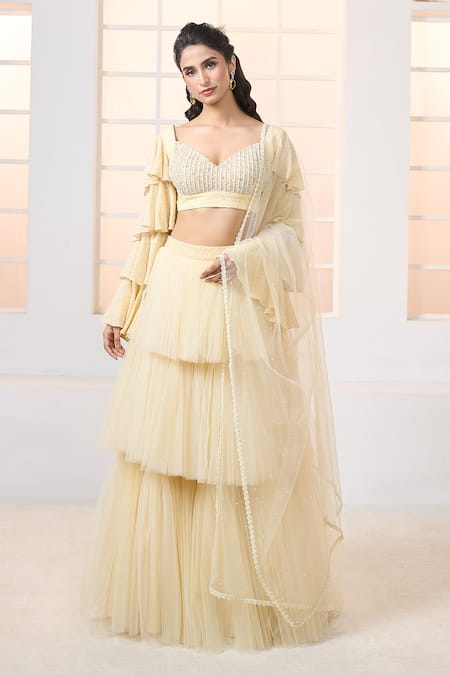 Shop Aariyana Couture Yellow Viscose, Net Embroidery Sweetheart Neck Layered Skirt Blouse Set Shop_Aariyana Couture_Yellow Viscose, Net Embroidery Sweetheart Neck Layered Skirt Blouse Set