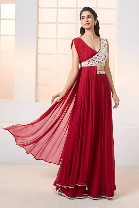 Aariyana Couture Red - Dupion Hand Embroidered 1 V Neck Draped And With Lehenga 