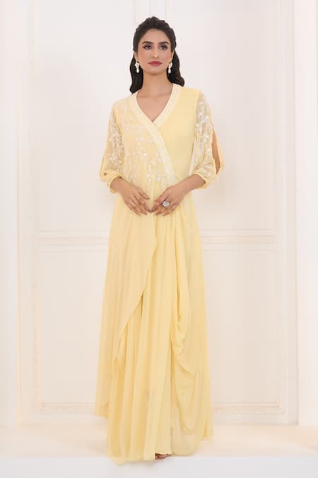 Shop Aariyana Couture Yellow Viscose, Georgette Embroidery V-neck Floral Jaal Draped Tunic Shop_Aariyana Couture_Yellow Viscose, Georgette Embroidery V-neck Floral Jaal Draped Tunic