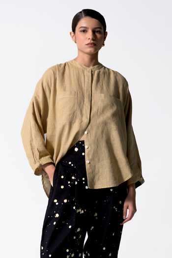 Buy OFRIDA Yellow Linen Round Neck Solid Front-buttoned Shirt at Aza Fashions Buy_OFRIDA_Yellow Linen Round Neck Solid Front-buttoned Shirt_at_Aza_Fashions