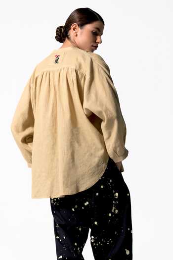 Shop OFRIDA Yellow Linen Round Neck Solid Front-buttoned Shirt at Aza Fashions Shop_OFRIDA_Yellow Linen Round Neck Solid Front-buttoned Shirt_at_Aza_Fashions