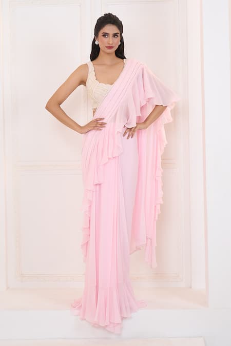 Shop_Aariyana Couture_Pink Silk, Viscose, Georgette Embroidery Pre-draped Ruffle Saree With Bustier 