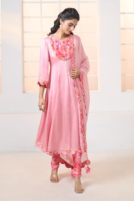 Aariyana Couture Pink Anarkali And Churidar- Modal Satin Printed Cherry Blossom Placement Set 