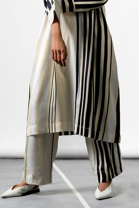 OFRIDA_Multi Color Satin Silk Stripe Round Yin Placement Print Kurta And Pant Set_Online_at_Aza_Fashions