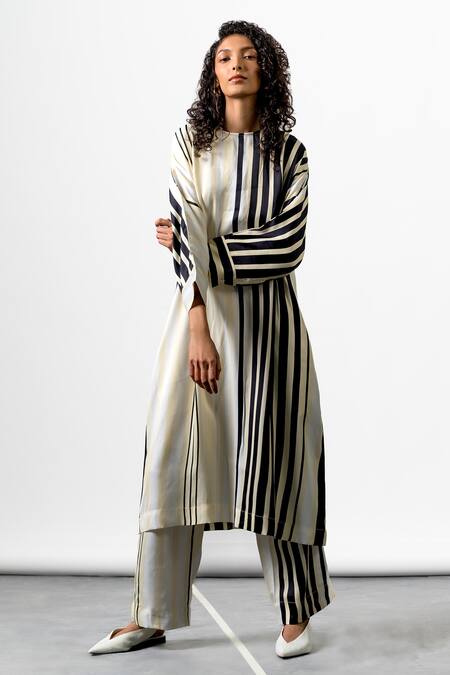 Buy_OFRIDA_Multi Color Satin Silk Stripe Round Yin Placement Print Kurta And Pant Set_Online_at_Aza_Fashions