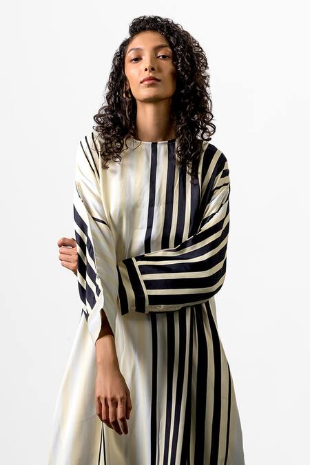 Shop_OFRIDA_Multi Color Satin Silk Stripe Round Yin Placement Print Kurta And Pant Set_Online_at_Aza_Fashions