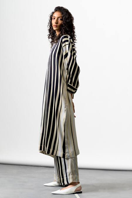 OFRIDA_Multi Color Satin Silk Stripe Round Yin Placement Print Kurta And Pant Set_at_Aza_Fashions