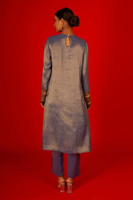 Shop Saksham & Neharicka Blue Tissue Embroidery Round Neck Alaknanda Hand Kurta And Pant Set at Aza Fashions Shop_Saksham & Neharicka_Blue Tissue Embroidery Round Neck Alaknanda Hand Kurta And Pant Set _at_Aza_Fashions