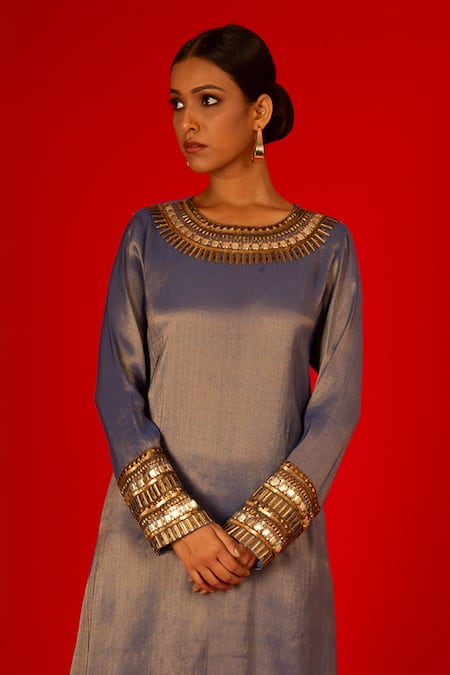 Saksham & Neharicka Blue Tissue Embroidery Round Neck Alaknanda Hand Kurta And Pant Set Online at Aza Fashions Saksham & Neharicka_Blue Tissue Embroidery Round Neck Alaknanda Hand Kurta And Pant Set _Online_at_Aza_Fashions