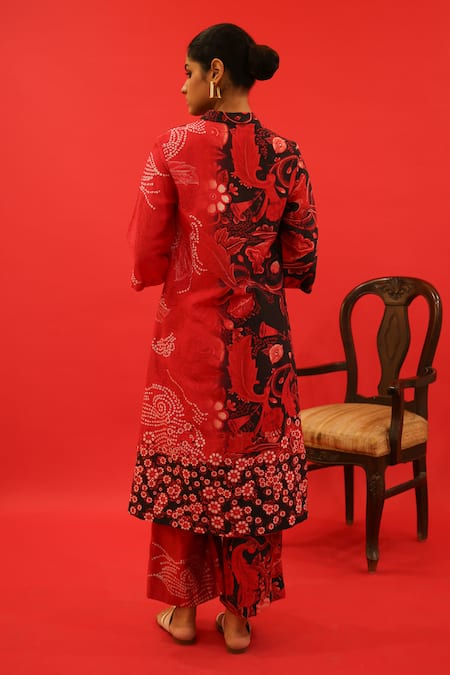 Shop Saksham & Neharicka Red Chanderi Embroidery Bandeau Benazir Floral Hand Painted Kurta And Pant Set at Aza Fashions Shop_Saksham & Neharicka_Red Chanderi Embroidery Bandeau Benazir Floral Hand Painted Kurta And Pant Set _at_Aza_Fashions