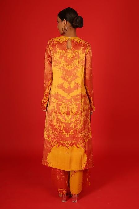 Saksham & Neharicka Orange Velvet Sequins, Embroidery Round Neck Ebru Hand Painted Kurta And Pant Set Online at Aza Fashions Saksham & Neharicka_Orange Velvet Sequins, Embroidery Round Neck Ebru Hand Painted Kurta And Pant Set _Online_at_Aza_Fashions