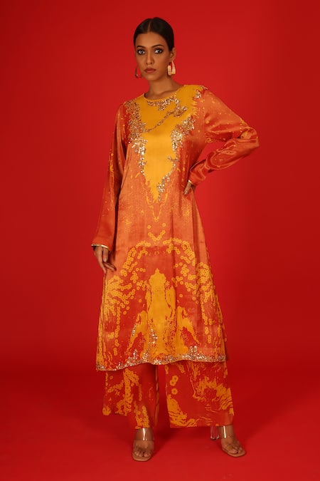 Buy Saksham & Neharicka Orange Velvet Sequins, Embroidery Round Neck Ebru Hand Painted Kurta And Pant Set Online at Aza Fashions Buy_Saksham & Neharicka_Orange Velvet Sequins, Embroidery Round Neck Ebru Hand Painted Kurta And Pant Set _Online_at_Aza_Fashions