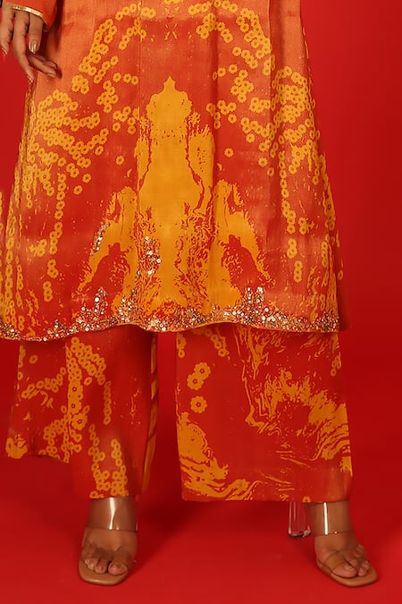 Shop Saksham & Neharicka Orange Velvet Sequins, Embroidery Round Neck Ebru Hand Painted Kurta And Pant Set Online at Aza Fashions Shop_Saksham & Neharicka_Orange Velvet Sequins, Embroidery Round Neck Ebru Hand Painted Kurta And Pant Set _Online_at_Aza_Fashions