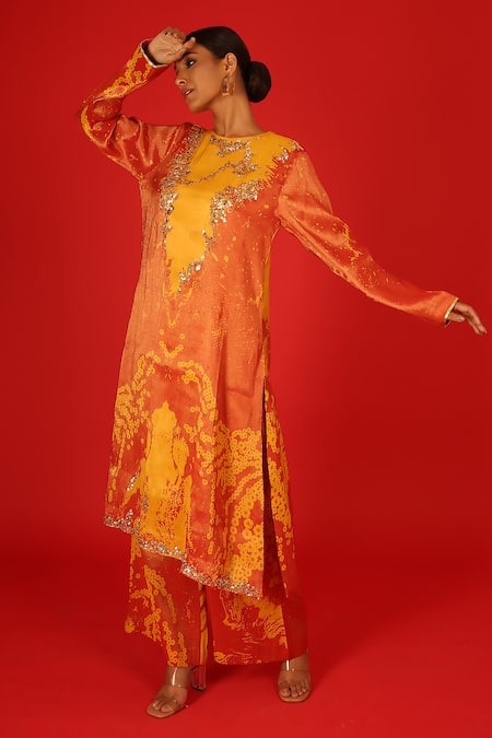 Saksham & Neharicka Orange Velvet Sequins, Embroidery Round Neck Ebru Hand Painted Kurta And Pant Set at Aza Fashions Saksham & Neharicka_Orange Velvet Sequins, Embroidery Round Neck Ebru Hand Painted Kurta And Pant Set _at_Aza_Fashions