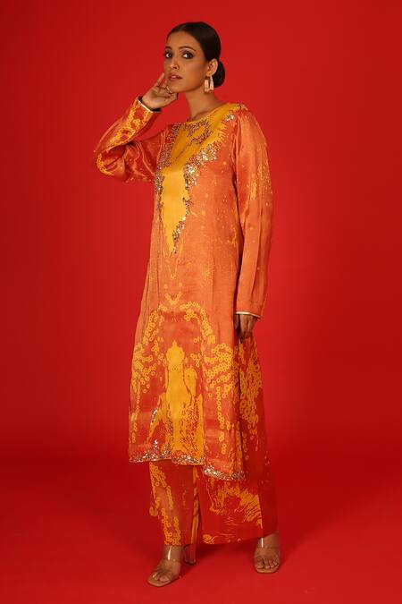 Buy Saksham & Neharicka Orange Velvet Sequins, Embroidery Round Neck Ebru Hand Painted Kurta And Pant Set Buy_Saksham & Neharicka_Orange Velvet Sequins, Embroidery Round Neck Ebru Hand Painted Kurta And Pant Set
