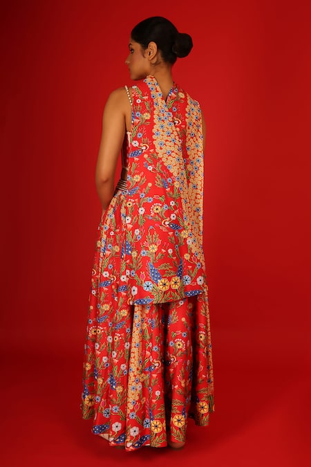 Shop_Saksham & Neharicka_Red Chanderi Embroidery Sweetheart Neck Sureeli Hand Painted Lehenga Set _at_Aza_Fashions