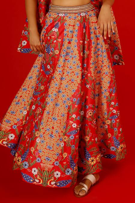 Shop_Saksham & Neharicka_Red Chanderi Embroidery Sweetheart Neck Sureeli Hand Painted Lehenga Set _Online_at_Aza_Fashions