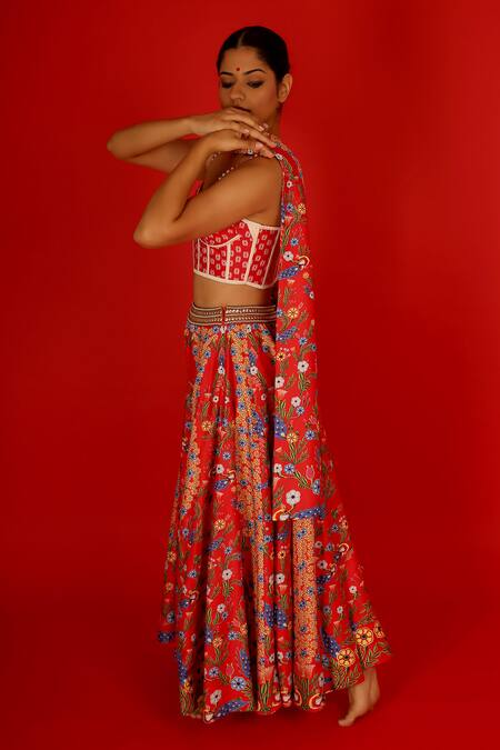 Saksham & Neharicka_Red Chanderi Embroidery Sweetheart Neck Sureeli Hand Painted Lehenga Set _at_Aza_Fashions