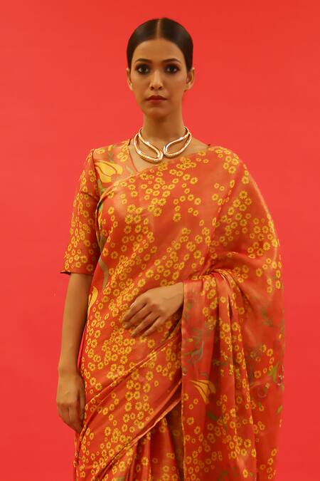 Buy Saksham & Neharicka Orange Tissue Surmayi Floral Hand Painted Saree With Unstitched Blouse Piece Online at Aza Fashions Buy_Saksham & Neharicka_Orange Tissue Surmayi Floral Hand Painted Saree With Unstitched Blouse Piece _Online_at_Aza_Fashions