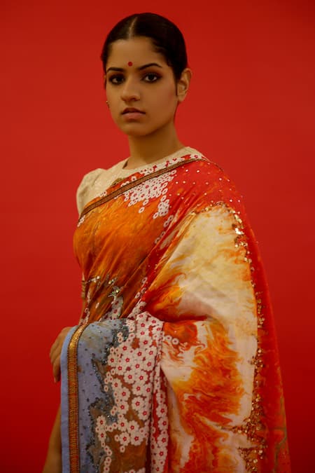 Buy Saksham & Neharicka Multi Color Prerna Floral Hand Painted Saree With Unstitched Blouse Piece Online at Aza Fashions Buy_Saksham & Neharicka_Multi Color Prerna Floral Hand Painted Saree With Unstitched Blouse Piece _Online_at_Aza_Fashions