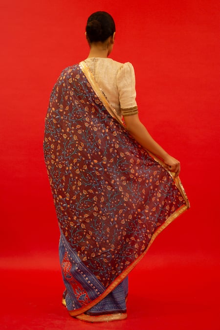Shop Saksham & Neharicka Maroon Cotton, Lurex Eiti Floral Print Saree With Unstitched Blouse Piece at Aza Fashions Shop_Saksham & Neharicka_Maroon Cotton, Lurex Eiti Floral Print Saree With Unstitched Blouse Piece _at_Aza_Fashions