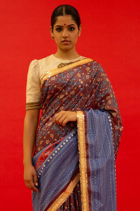 Saksham & Neharicka Maroon Cotton, Lurex Eiti Floral Print Saree With Unstitched Blouse Piece Online at Aza Fashions Saksham & Neharicka_Maroon Cotton, Lurex Eiti Floral Print Saree With Unstitched Blouse Piece _Online_at_Aza_Fashions