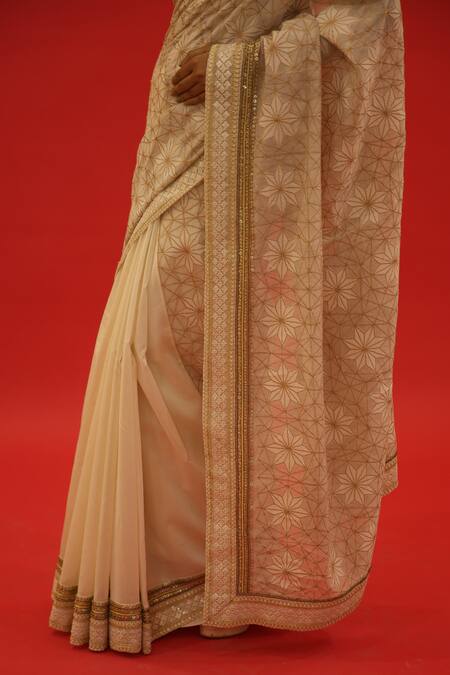 Saksham & Neharicka_Ivory Chanderi Embroidery Roohie Hand Saree With Unstitched Blouse Piece_Online_at_Aza_Fashions