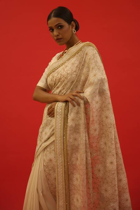 Buy_Saksham & Neharicka_Ivory Chanderi Embroidery Roohie Hand Saree With Unstitched Blouse Piece_Online_at_Aza_Fashions