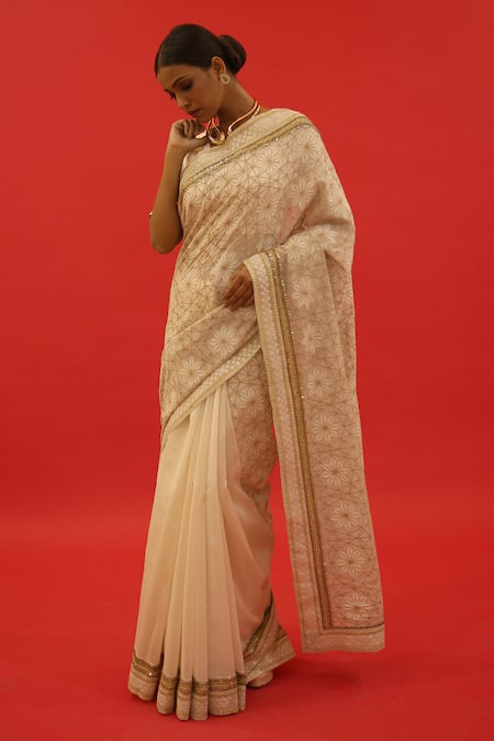 Shop_Saksham & Neharicka_Ivory Chanderi Embroidery Roohie Hand Saree With Unstitched Blouse Piece_Online_at_Aza_Fashions
