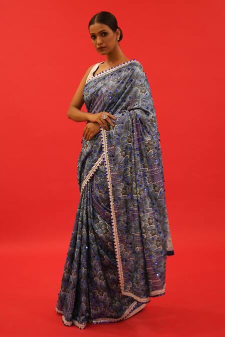 Saksham & Neharicka_Blue Cotton, Lurex Neel Floral Hand Painted Saree With Unstitched Blouse Piece_Online_at_Aza_Fashions
