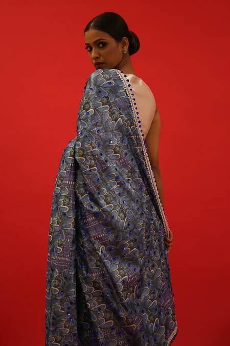 Shop_Saksham & Neharicka_Blue Cotton, Lurex Neel Floral Hand Painted Saree With Unstitched Blouse Piece_Online_at_Aza_Fashions