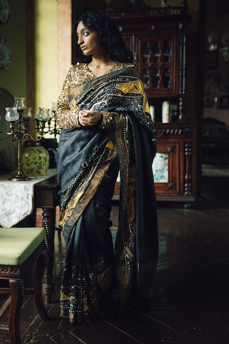 SAKSHAM & NEHARICKA Black Tussar Silk Hand Embroidered Resham V Surma Saree With Blouse 
