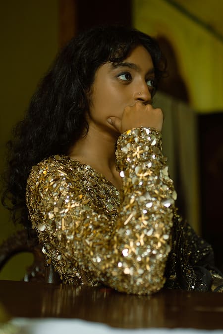 Shop Saksham & Neharicka Black Tussar Embroidery, Sequins V-neck Surma Hand Saree With Blouse at Aza Fashions Shop_Saksham & Neharicka_Black Tussar Embroidery, Sequins V-neck Surma Hand Saree With Blouse _at_Aza_Fashions