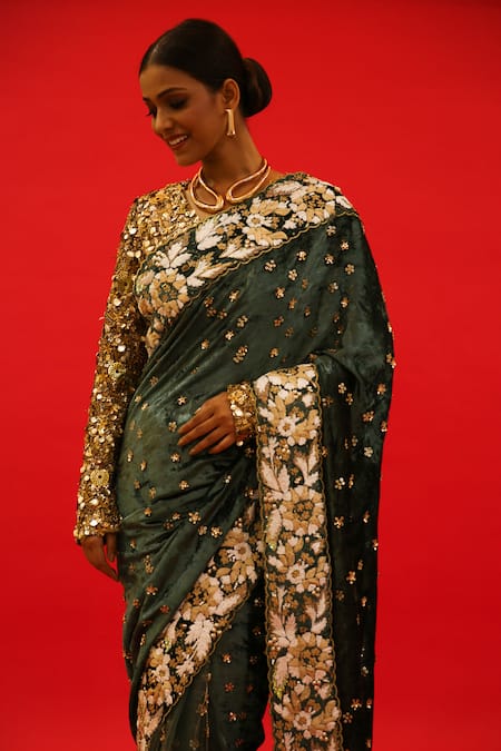 Buy_Saksham & Neharicka_Green Velvet Hand Embroidered Resham V Neck Qayanaat Saree With Blouse _Online_at_Aza_Fashions