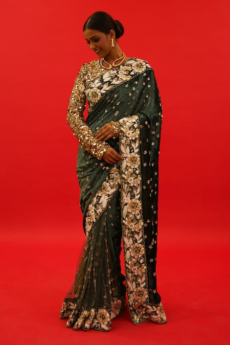 Shop_Saksham & Neharicka_Green Velvet Hand Embroidered Resham V Neck Qayanaat Saree With Blouse _Online_at_Aza_Fashions