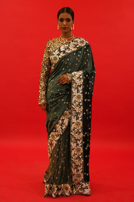 Saksham & Neharicka_Green Velvet Hand Embroidered Resham V Neck Qayanaat Saree With Blouse _at_Aza_Fashions